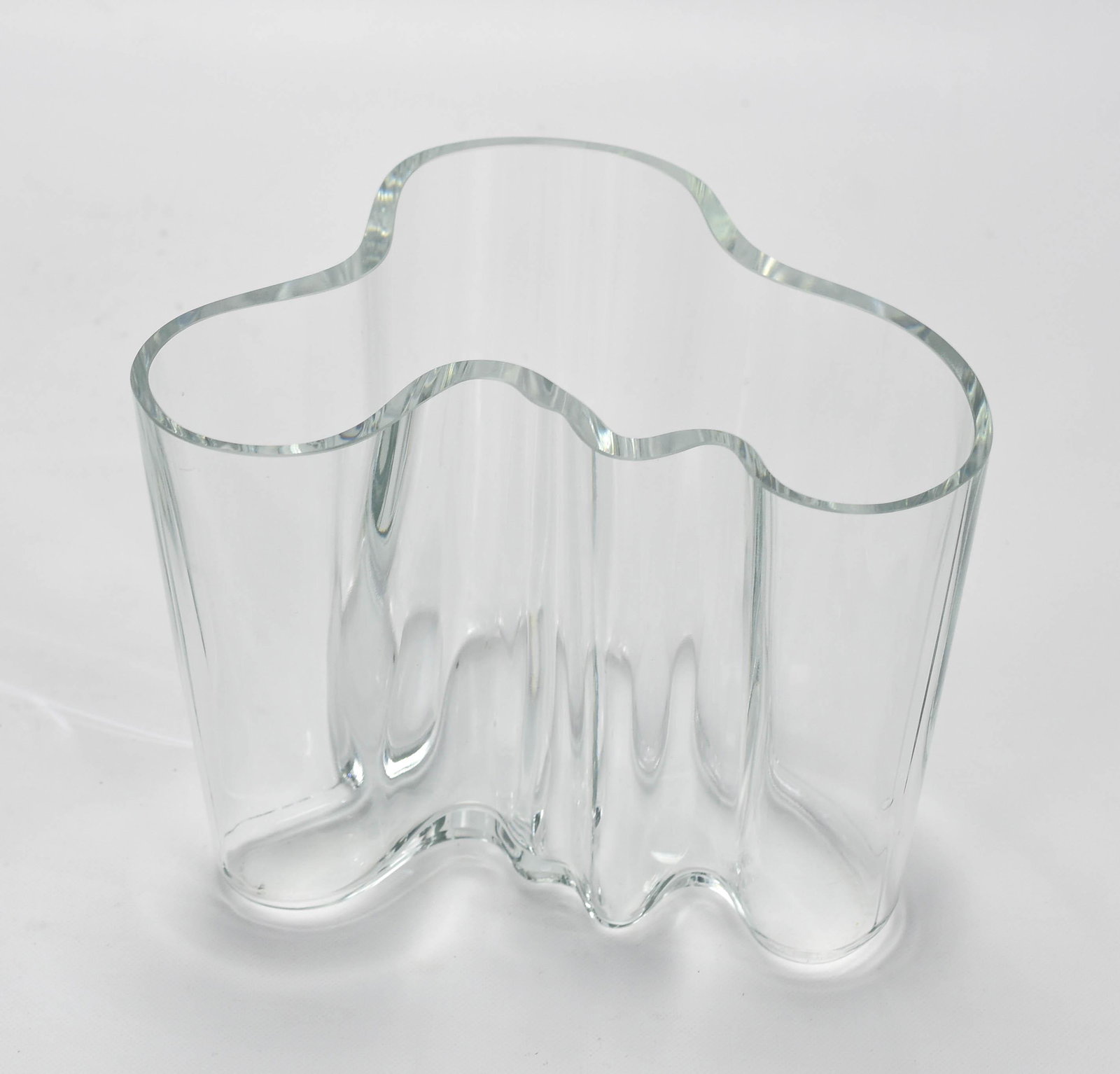 Alvar Aalto Iittala Glass Savoy Vase Finland: Vase designed by Alvar Aalto. Also known as Savoy vase, designed in 1936. No chips, cracks or repairs. Name etched on bottom.