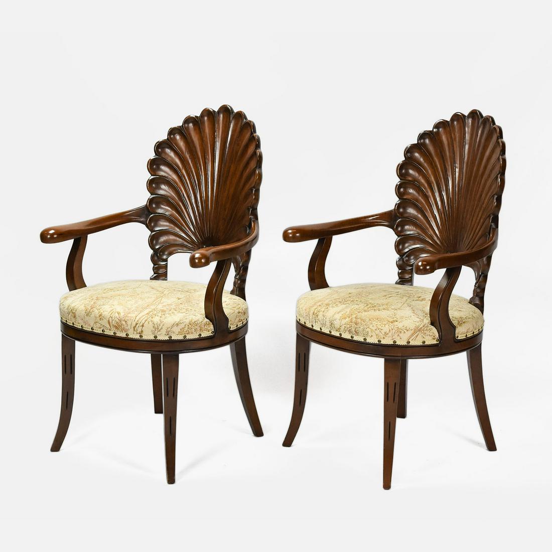 Pair Carved Walnut Grotto Shell-Back Arm Chairs (1 of 12)