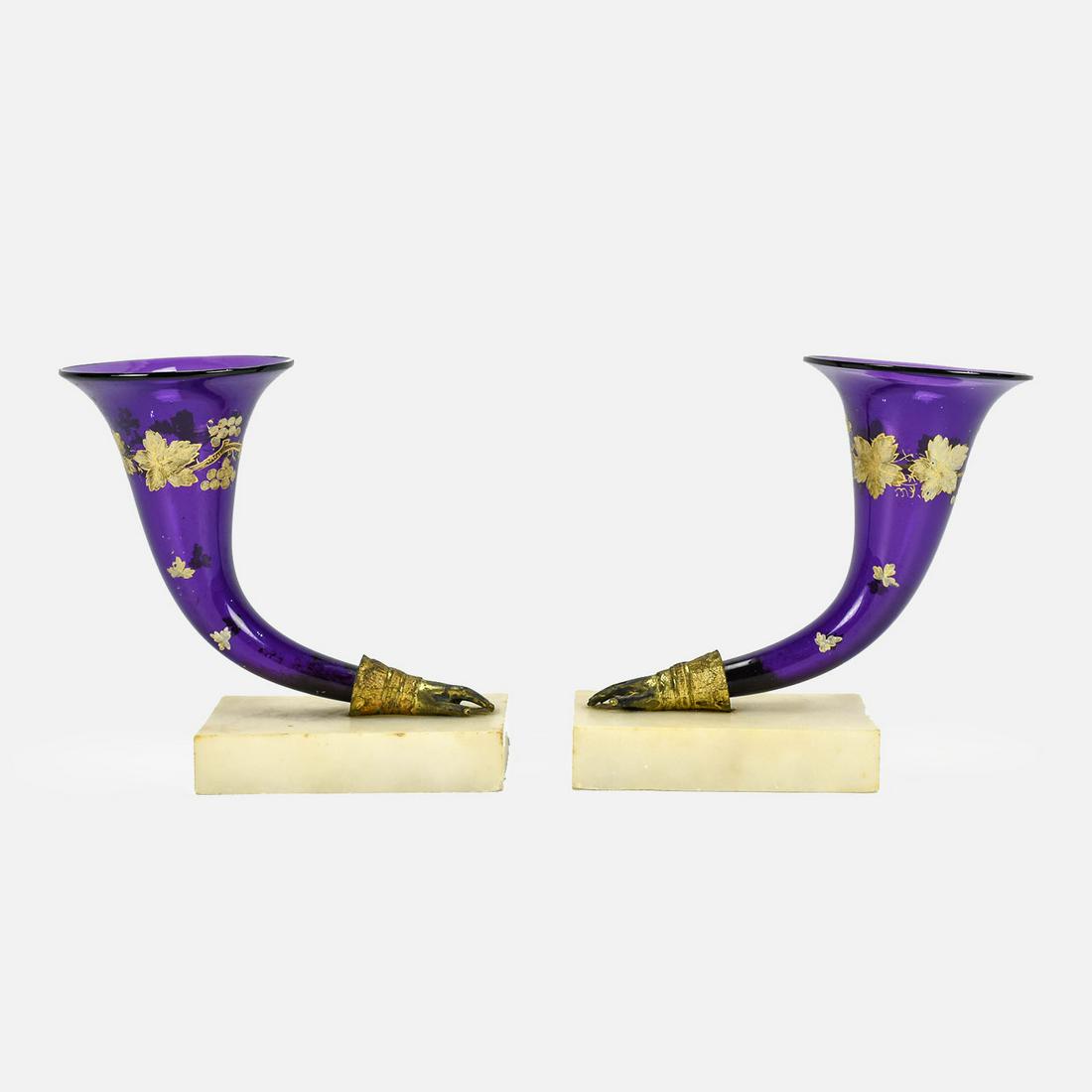 Antique Glass Bronze Marble Cornucopia Vase Pair (1 of 9)