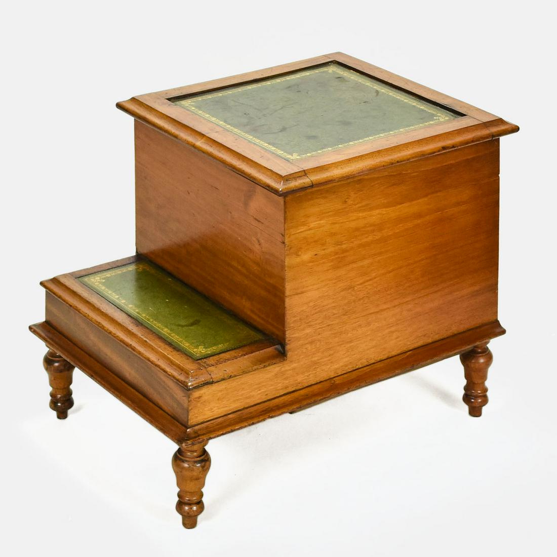 Antique Wood Green Leather Library Steps w/Storage (1 of 10)