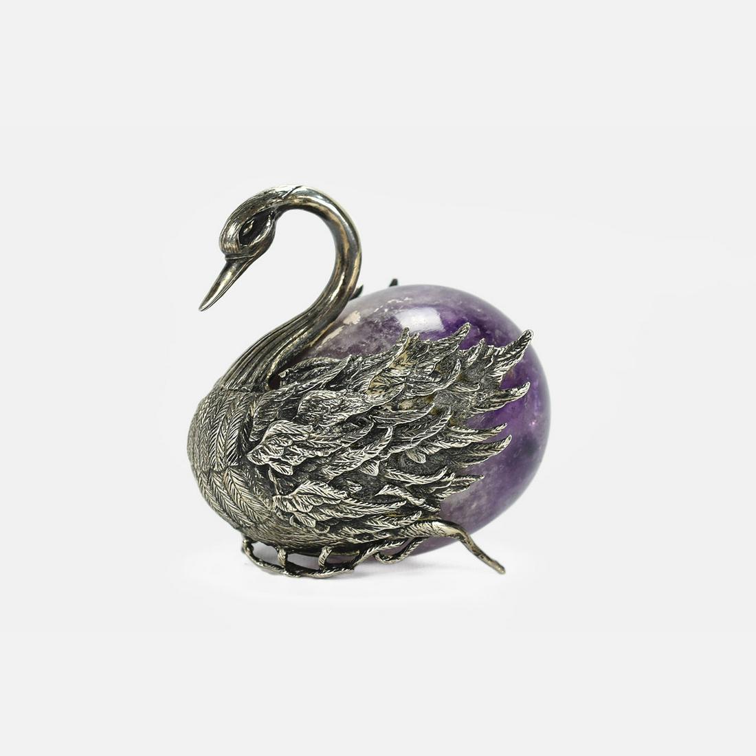 Amethyst Egg w/Sterling Silver Swan Figural Mount (1 of 9)
