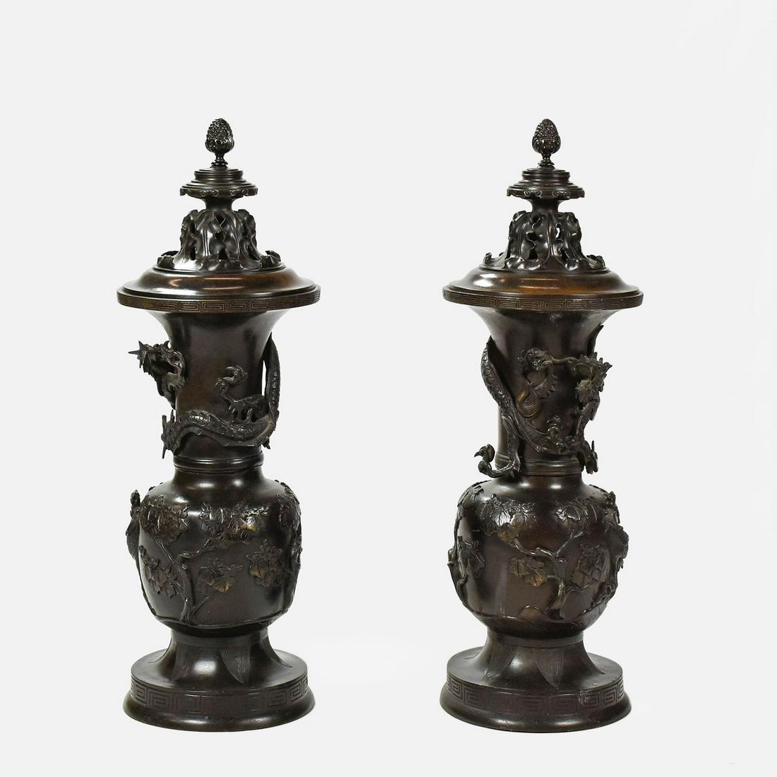 Pair European/Chinese Motif Cast Bronze Floor Urns (1 of 12)