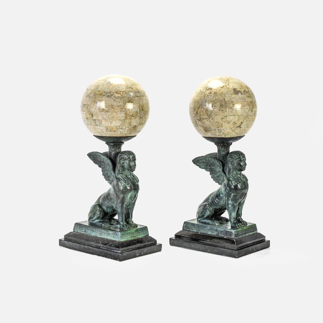 Pair Bronze & Marble Winged Sphinx Sphere Stands (1 of 12)