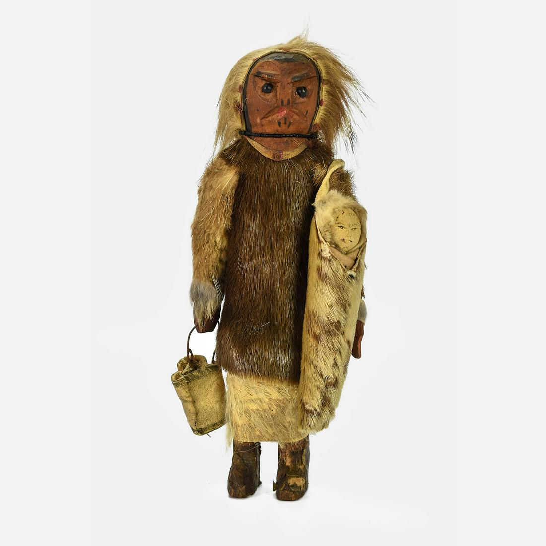 Native American Inuit Wood Fur Toy Doll w/Papoose (1 of 10)