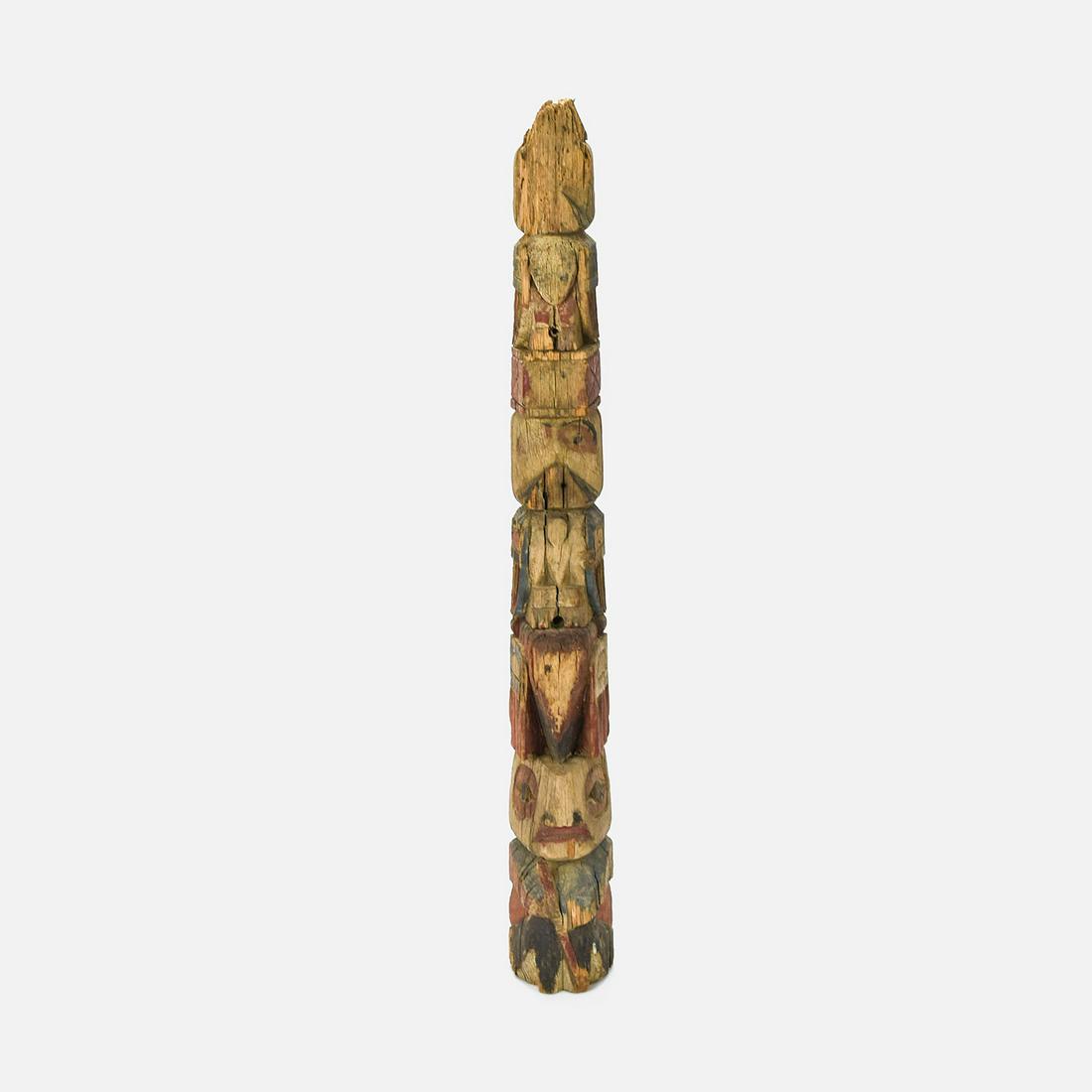 Antique Northwest Coast Inuit Carved Wood Totem: Ca. Late 19thC-early 20thC. Partially incomplete. Partial paint. Wood losses as shown.