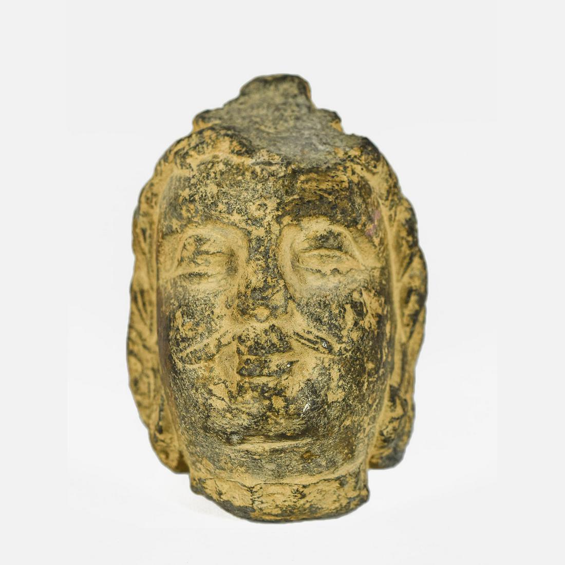 5thC Carved Schist Buddhist Bodhisattva Head: Ca. 5th-7thC. Has a flat spot on the head, probably from a cut. Originally from a statue.