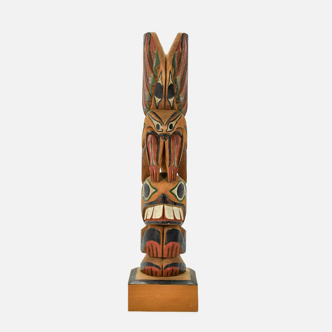 Larry Rudick Northwest Coast Carved Wood Totem Pole: Ca. Second half 20thC. Carved and painted wood. Excellent original condition with no chips, cracks or repairs. Signed on the back as shown.