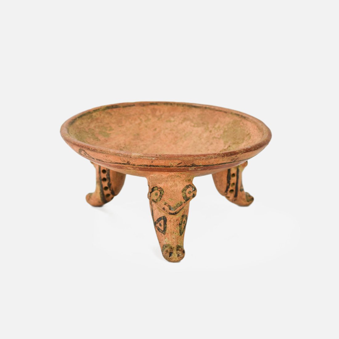 Antique Pre-Columbian Tripod Pottery Pedestal Bowl: Ca. 1500s. Very good original condition with no chips, cracks or repairs. Some paint fade and loss, typical of this redware pottery.