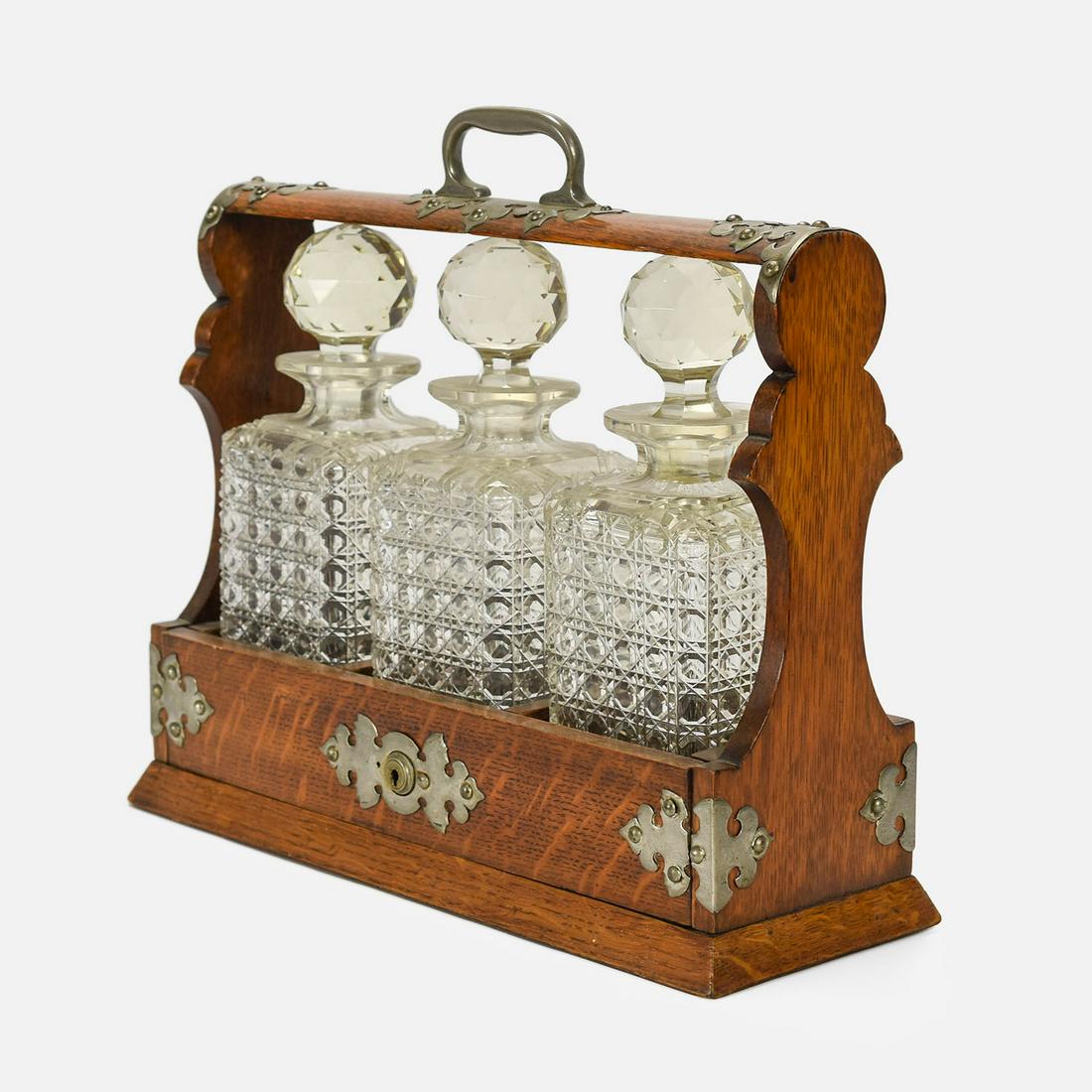 Antique English Oak Nickel Silver 3-Bottle Tantalus (1 of 9)