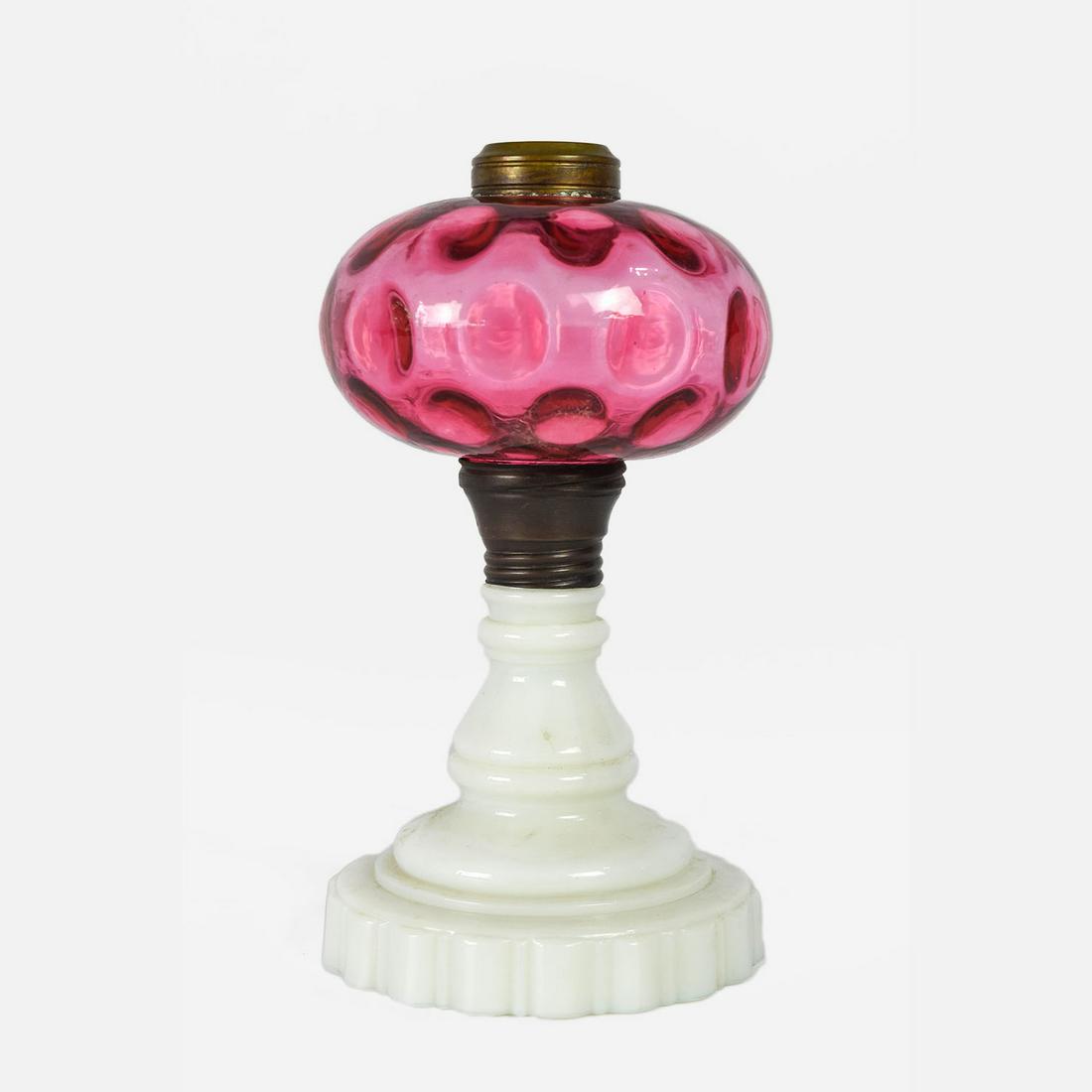 Antique Thumbprint Cranberry & Milk Glass Oil Lamp (1 of 10)
