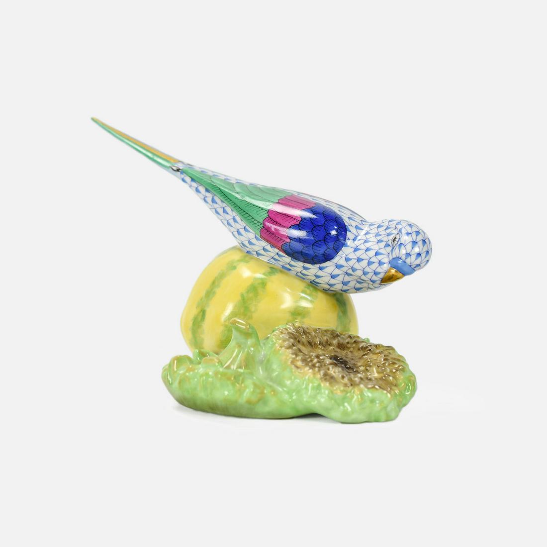 Herend Porcelain Fish Scale Parakeet on Melon: Ca. Mid 20thC. Fine with no chips, cracks or repairs. Herend; signature fish scale design