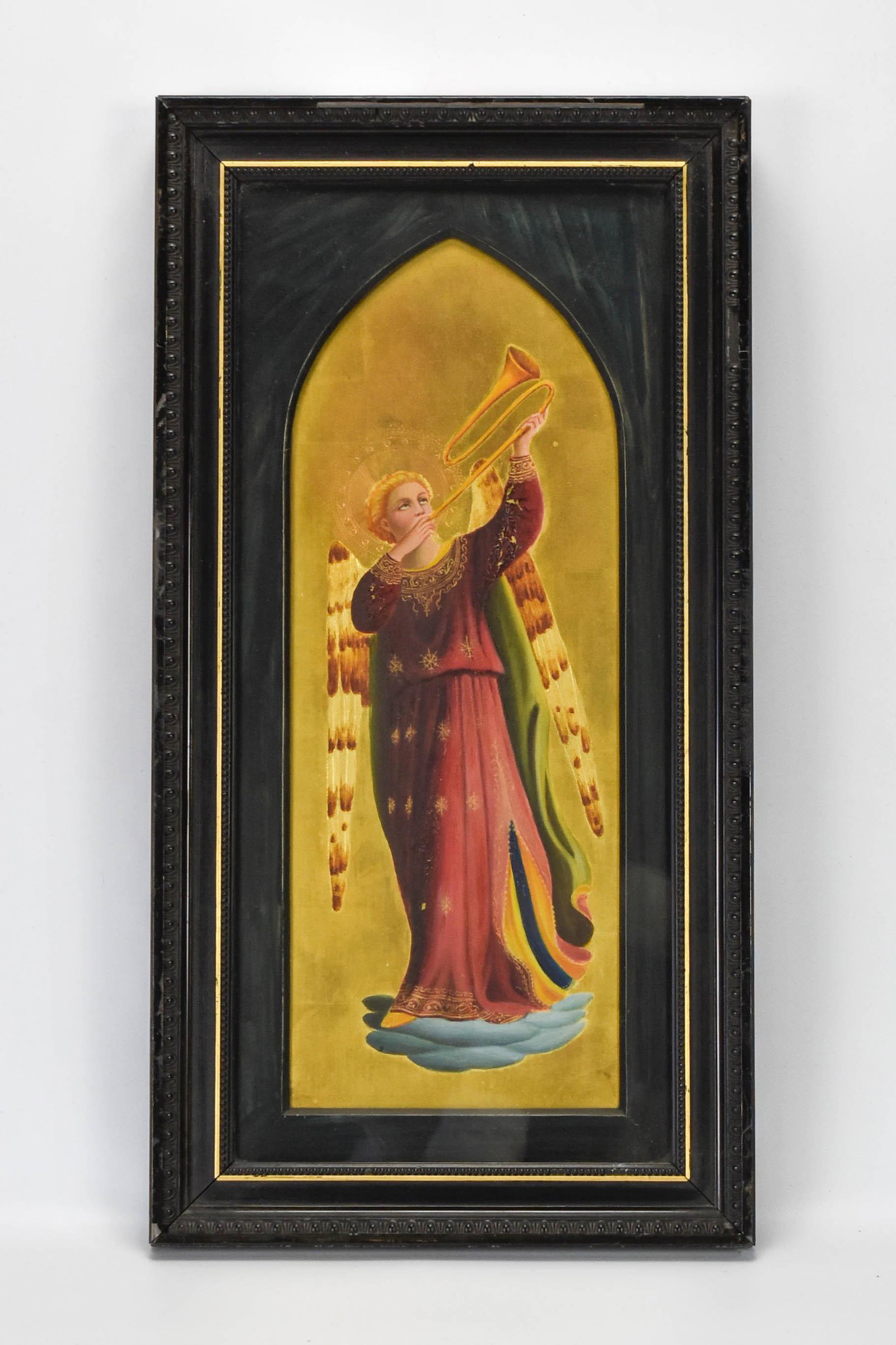 Antique 19thC Hand Painted Italian Angel Icon Giltwood Frame: Ca. Last half 19thC. The red paint on Gabriel's sleeves is lifting. Otherwise fine. Tempura painted on wood board. The black ebonized frame is intact and fine.