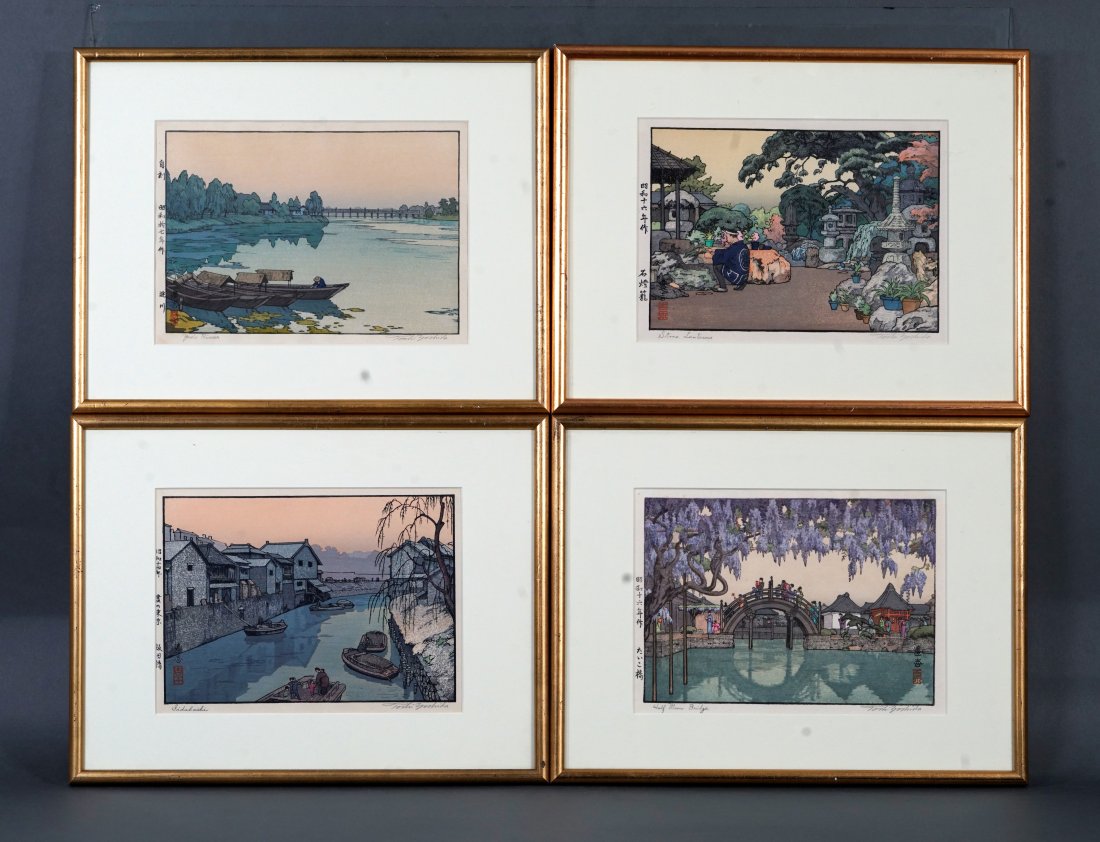 Set of Four Toshi Yoshida Pencil Signed Japanese Woodblock Prints: All four woodblocks in excellent and original bright condition with good color, each taped by corners to the matt. Each print can be viewed outside of frame as shown. Each sheet size approx. 10 5/8" x