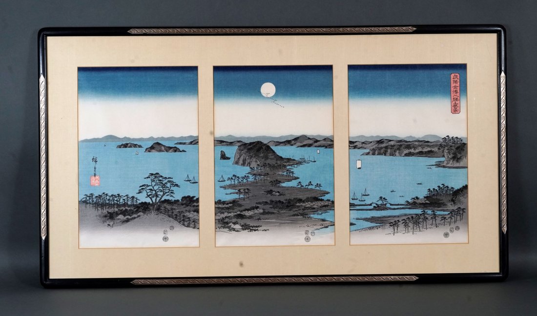 Uchida Japanese Woodblock Print Triptych Hiroshige Ando: Fine condition, matted and wood framed. No glass. Each sight size approx: 15" x 10". The black wood frame measures approx. 35" x 21".