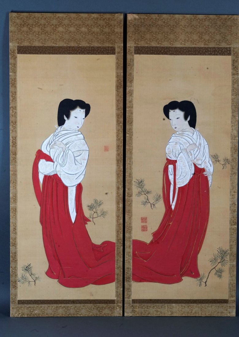 Pair Antique Japanese Framed Painted Scrolls Beauties: Two framed flat scrolls, depicting two beauties mirroring one another. Each scroll is sealed under glass and both are signed. Tall frame sizes are each approx. 43 7/8" x 16 3/4". Each scroll is braced