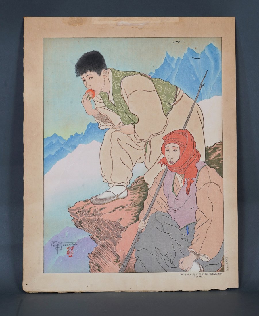 Original Paul Jacoulet Shepards High Mountains Japanese Woodblock Print: Fine condition, loose sheet unframed. Overall toning and a few faint spots. One pinhole on lower left side of sheet. Some tape residue at the top of the sheet. Pencil signed. Sheet size: 18" x 14". Se
