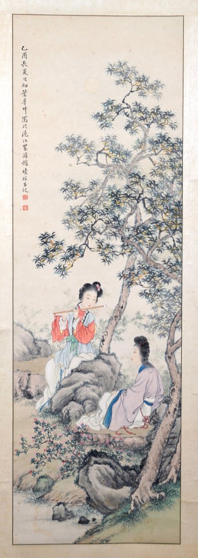 Antique Asian Two Women with Flute Scroll Painting: Fine condition as shown. Sheet size is approx. 41" x 13 1/4". Some tearing on the mounting silk at the top roller. Scroll size: 82" x 17 3/4". See photos for further description.