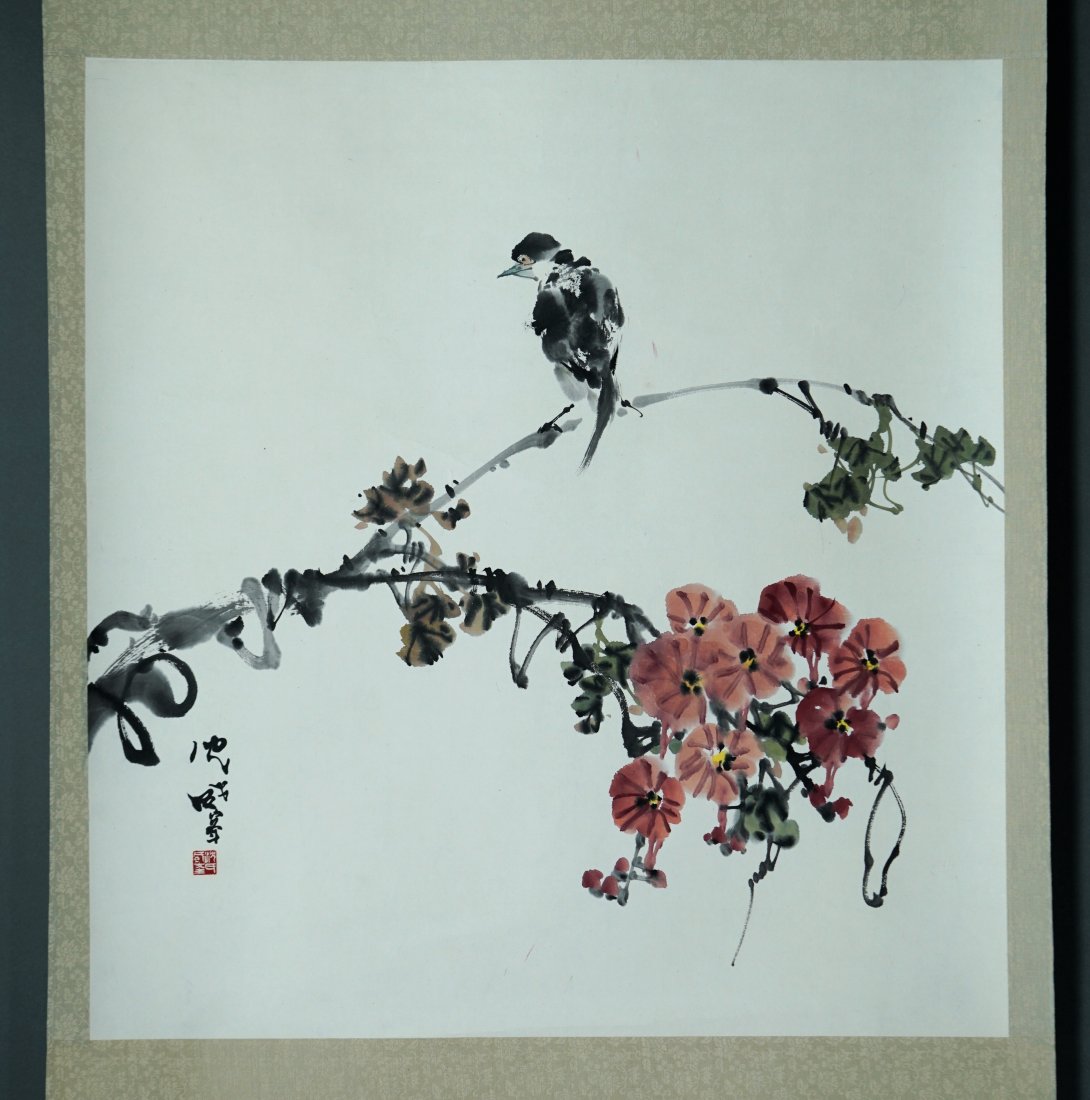 Antique Japanese Painted Scroll Bird on Tree Branch: Good overall condition. Occasional very minor scuffs on white space, one crease at the bottom of the painted scroll. Mounting silk is in good condition. Painting size is approx. 24 3/4" x 23 1/4". Scr