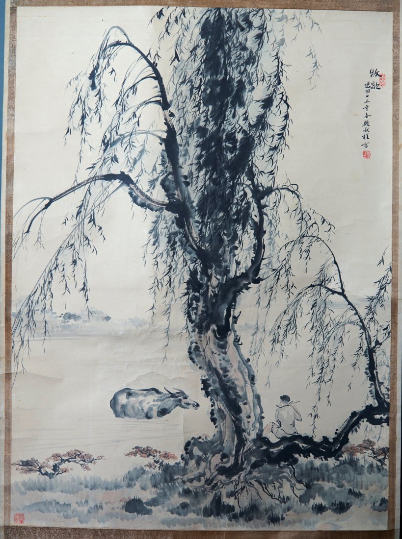 Antique Asian Painted Scroll Boy Playing Flute for a Water Buffalo: Good overall condition. Some creasing and cracking on the painted scroll, but minimal. Top roller rod is missing. Mounting paper has some reinforcements with cellophane tape, on the back of the scroll