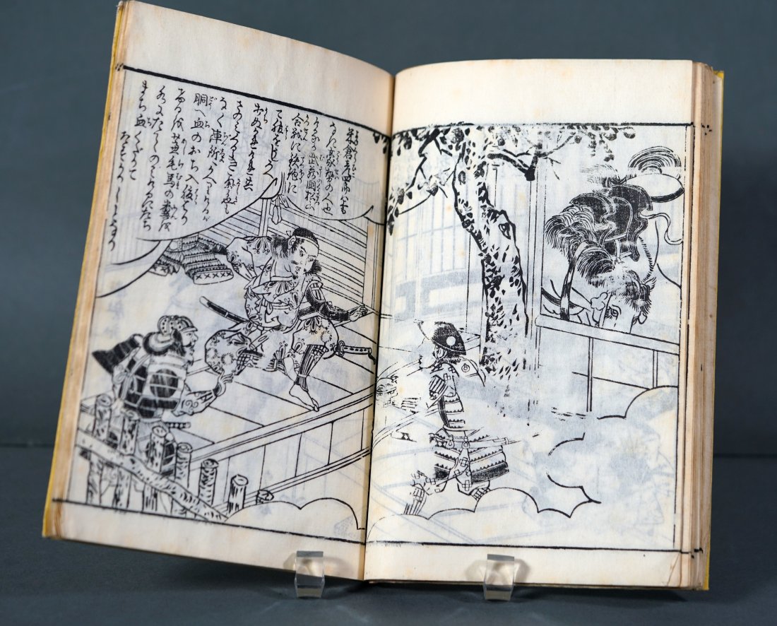 Lot of 3 Antique Japanese Woodcut Print Books Ishikawa Toyonobu: First book: Woodcut Mangwa with dark blue cover, measures 7"w x 10"h.Threading is intact, animal damage evident on edge of cover and underlying pages. Some pencil annotation inside cover. Paper is sti