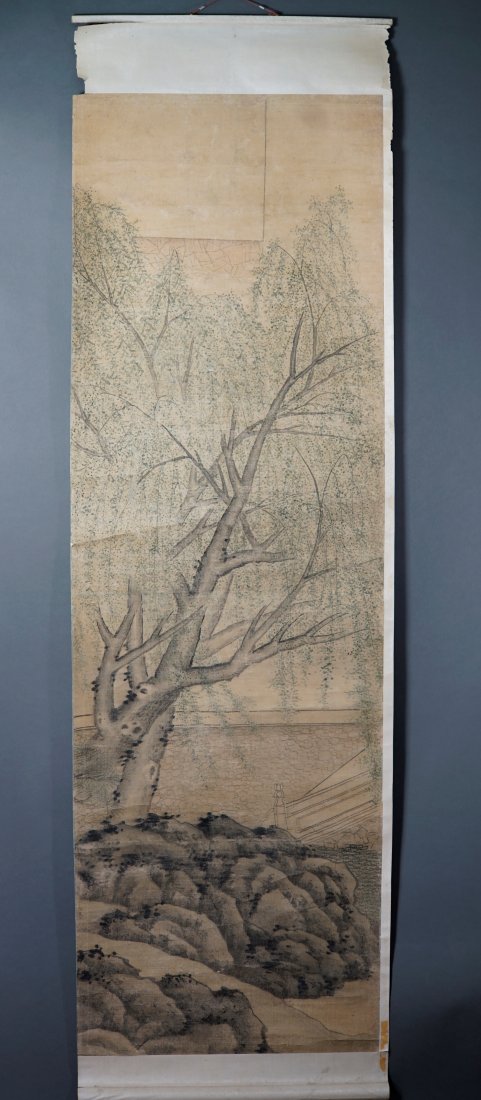 Set of Four Antique Chinese Scroll Paintings: Fantastic older scrolls, not perfect-Some rips on the mounting silk, next to the upper rolling rods. Image sizes average approx. 67" x 21 1/2". See photos for further descriptions.