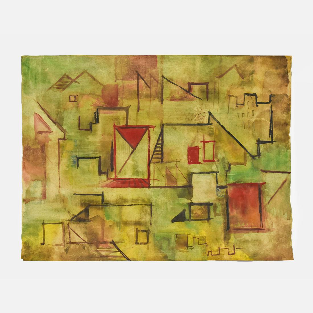 1950s Italian Modernist MCM Watercolor on Paper Abstract Cityscape (1 of 5)