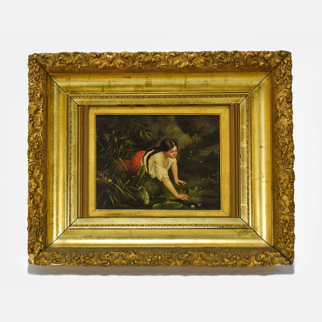Victor Schivert Original 19thC Oil on Wood Panel Painting: Victor Schivert (1863-1926 was a Romanian painter and illustrator known for genre subjects and portraits. This is a romantic style oil painting on wood panel, in overall very good original condition, 