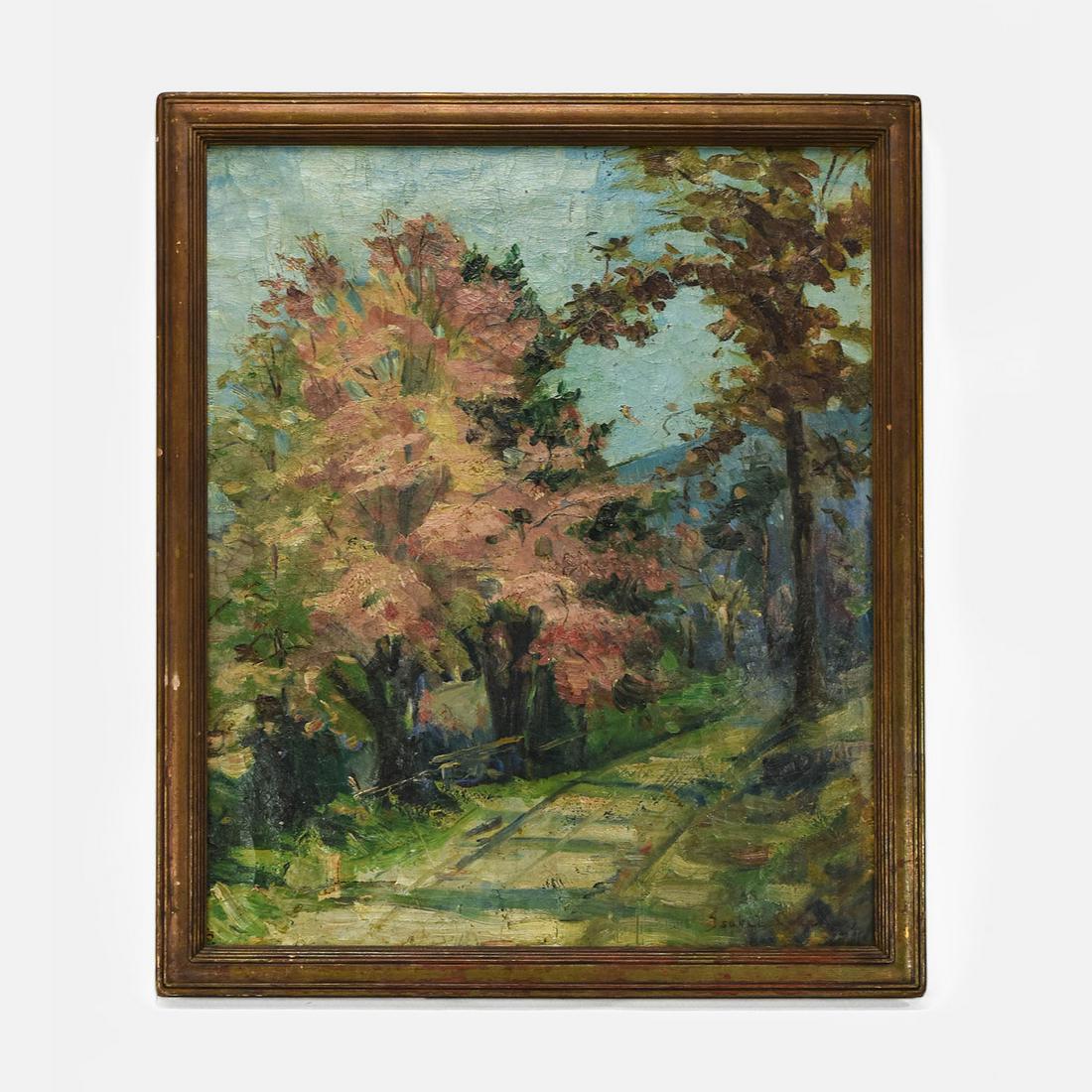 Illegibly Signed Antique Impressionist Oil Painting on Canvas: Some paint loss as shown. Well done, however, we are unable to identify the artist. Looks to be a Pennsylvania painting. The estate was originally located in Philadelphia. Approx. stretcher size: 23 1