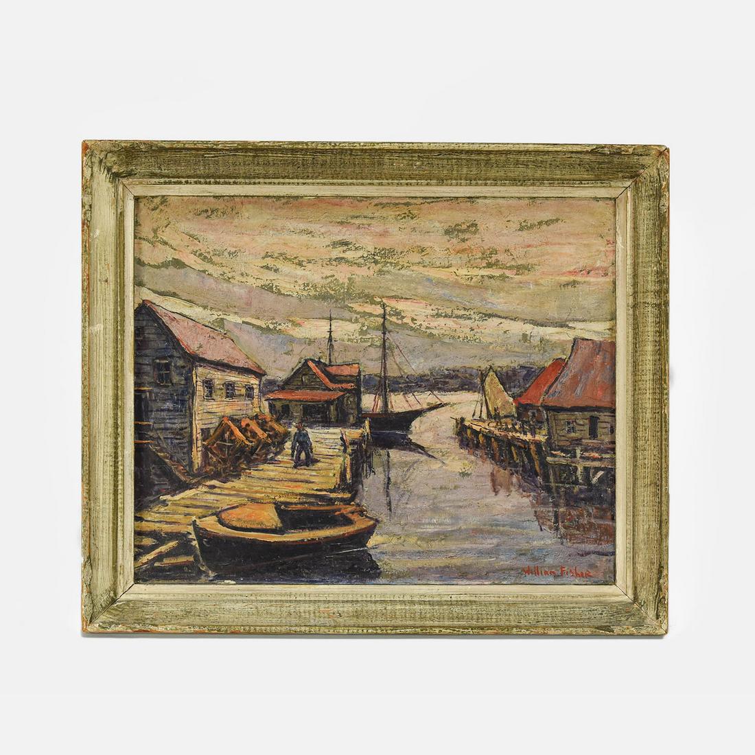 William Fisher New England Boat Harbor Maine Oil Painting: Image not yellow as first picture suggests. See last detail pics to view the accurate color. Very good original condition, impasto, sighed lower right. Board size: 16" x 19 1/2". William Fisher was bo