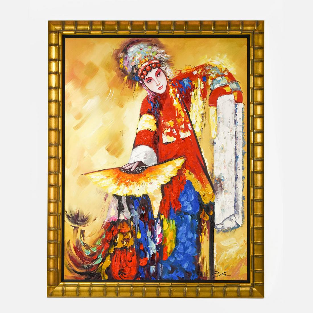 Fine and Colorful Large Balinese Painting Dancing Woman with Fan: Excellent original condition with no holes, rips or repairs. Very large and fine acrylic on canvas. Signed B.C. or B.E. Owner purchased this from the Rudana Gallery in Bali. Stretcher size approx: 47"