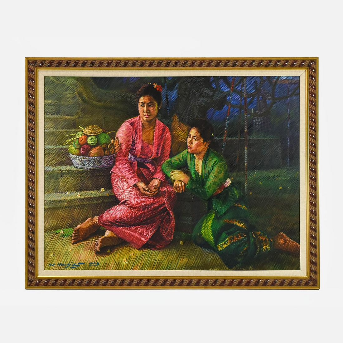 Very Large Original Signed Soehardi "Hardi" Bali Painting Native Women: Excellent original condition with no holes, rips or repairs. Very large and fine Oil on canvas. Owner purchased this from the Rudana Gallery in Bali. Stretcher size: 42" x 56". In 1971-1974 Soehardi s