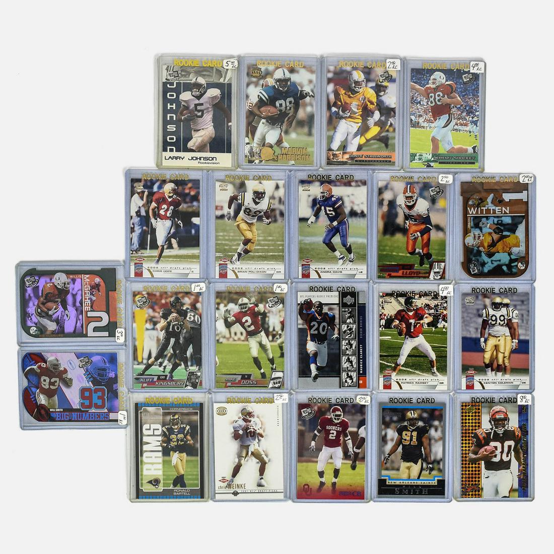 2 Early 2000s Era NFL Rookie Football Cards Plus Extra 800 Cards: Featuring Marvin Harrison, Donte Stallworth, Larry Johnson, Jeremy Shockey