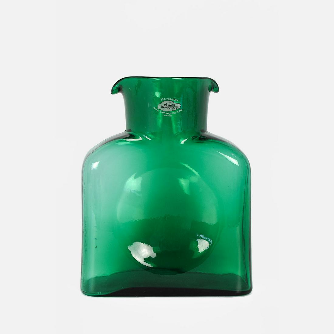 Blenko Double Spout Green Art Glass Carafe Pitcher: Excellent with no chips, cracks, scratches or repairs.