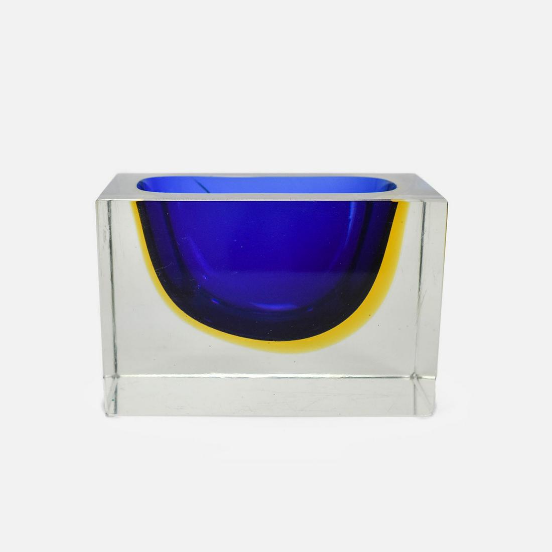 Sommerso Cobalt Yellow and Clear Ice Block Square Vase: Excellent with no chips, cracks, scratches or repairs. Attributed to Flavio Poli for Seguso. Italy, 1960s.Cobalt blue next to a layer in yellow, both submerged into clear glass using the Sommerso tech