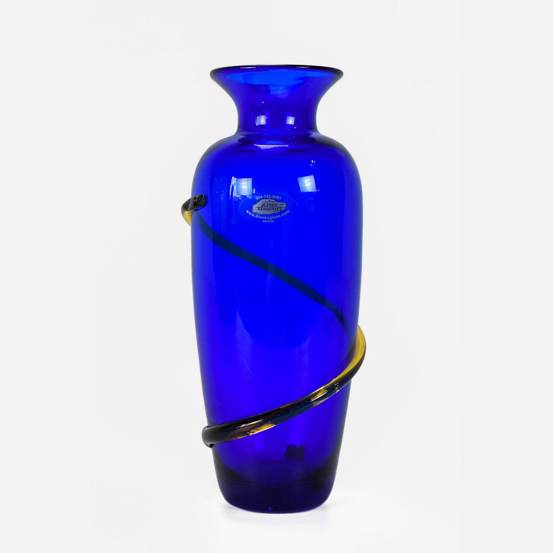 Hancraft Cobalt Blue Yellow Art Glass Vase Richard Blenko 2000: Excellent with no chips, cracks, scratches or repairs. Bottom signed "Richard Blenko 2000"