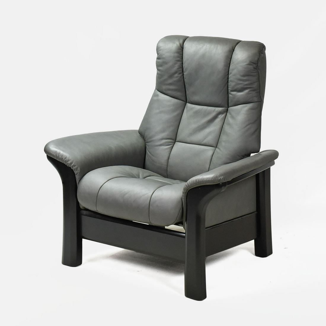 Ekornes Stressless Reclining Dark Gray Leather Upholstered Chair: Very good original condition as shown with no rips, holes or repairs.