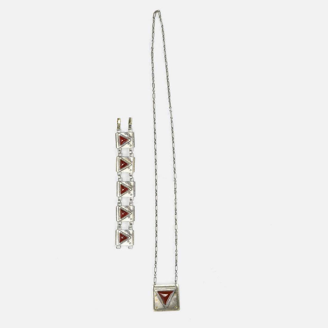 Fine Modernist Sterling Silver and Carnelian Bracelet Necklace Set: Both pieces are in excellent condition, signed "ERA" and "STERLING". The bracelet is well built and substantial, weighing approx. 95 grams, measuring approx. 7 3/4" long by 1 1/8" wide. The pendant ne