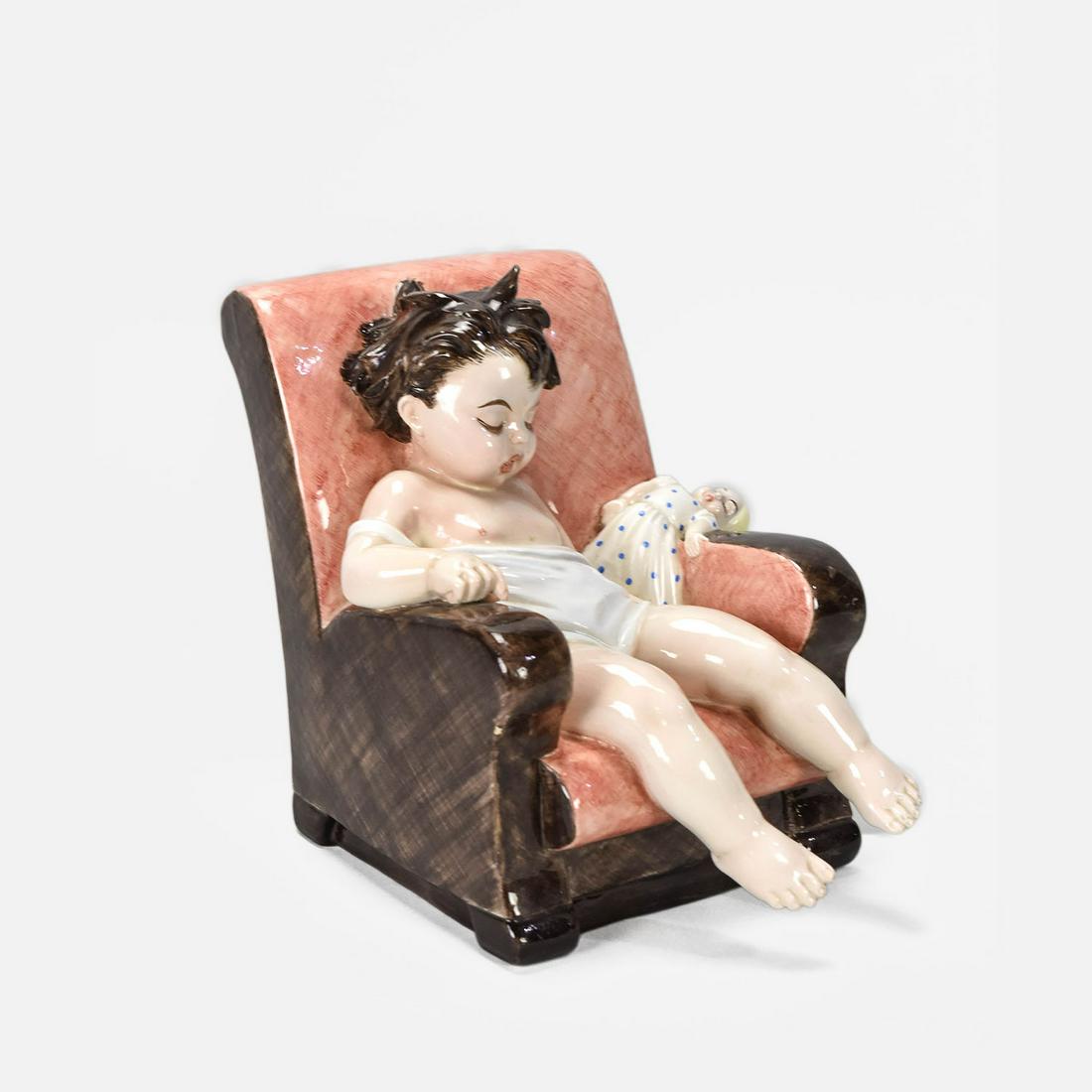 Bertolotti Italian Sleeping Child with Teddy Bear Statue Lenci Style: Milano, Italy. A Rare Mid Century figurine by Vicenzo Bertolotti's Rising Sun Factory that he founded after collaborating with the Lenci Factory in Torino.