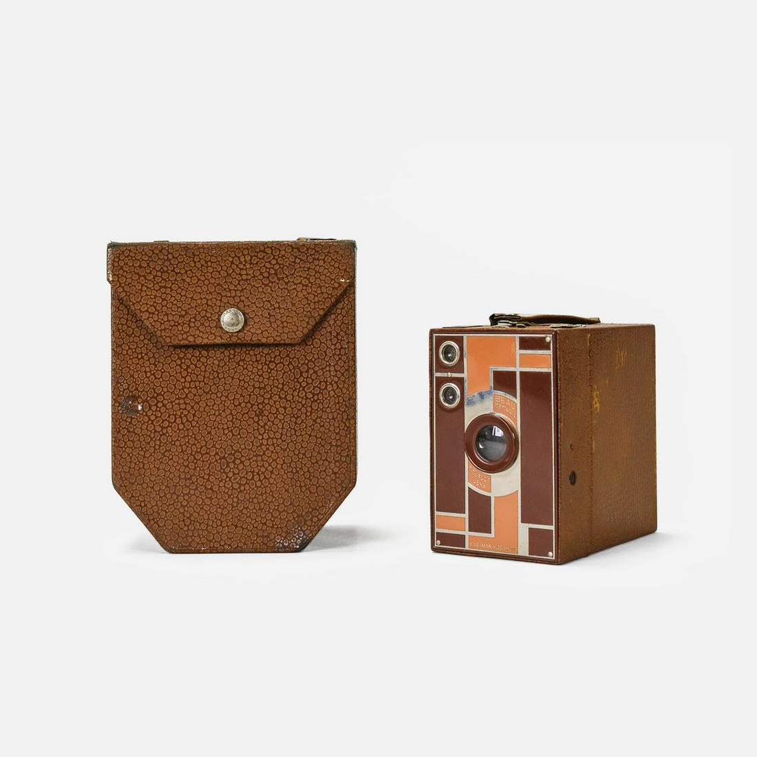 Walter Dorwin Teague No.2A Kodak Beau Brownie Camera and Case: Shows a few scuffs and needs cleaning. Come with rare leather outer case. Eastman Kodak Co. Rochester, N.Y.