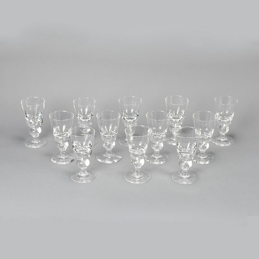 Twelve Steuben Baluster Bubble Stem Crystal Wine Glasses: All 12 in excellent original condition with no chips, cracks or repairs. Unlike the other three Steuben crystal lots, this set does NOT include felt bags and a storage box.