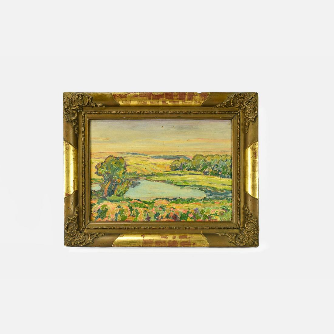Continental Impressionist Landscape Oil Painting on Board: Mid 20thC. Well framed, good condition, illegibly signed. Minor chip on frame. Please scroll through all pictures, the last pic shows the scale of this piece.