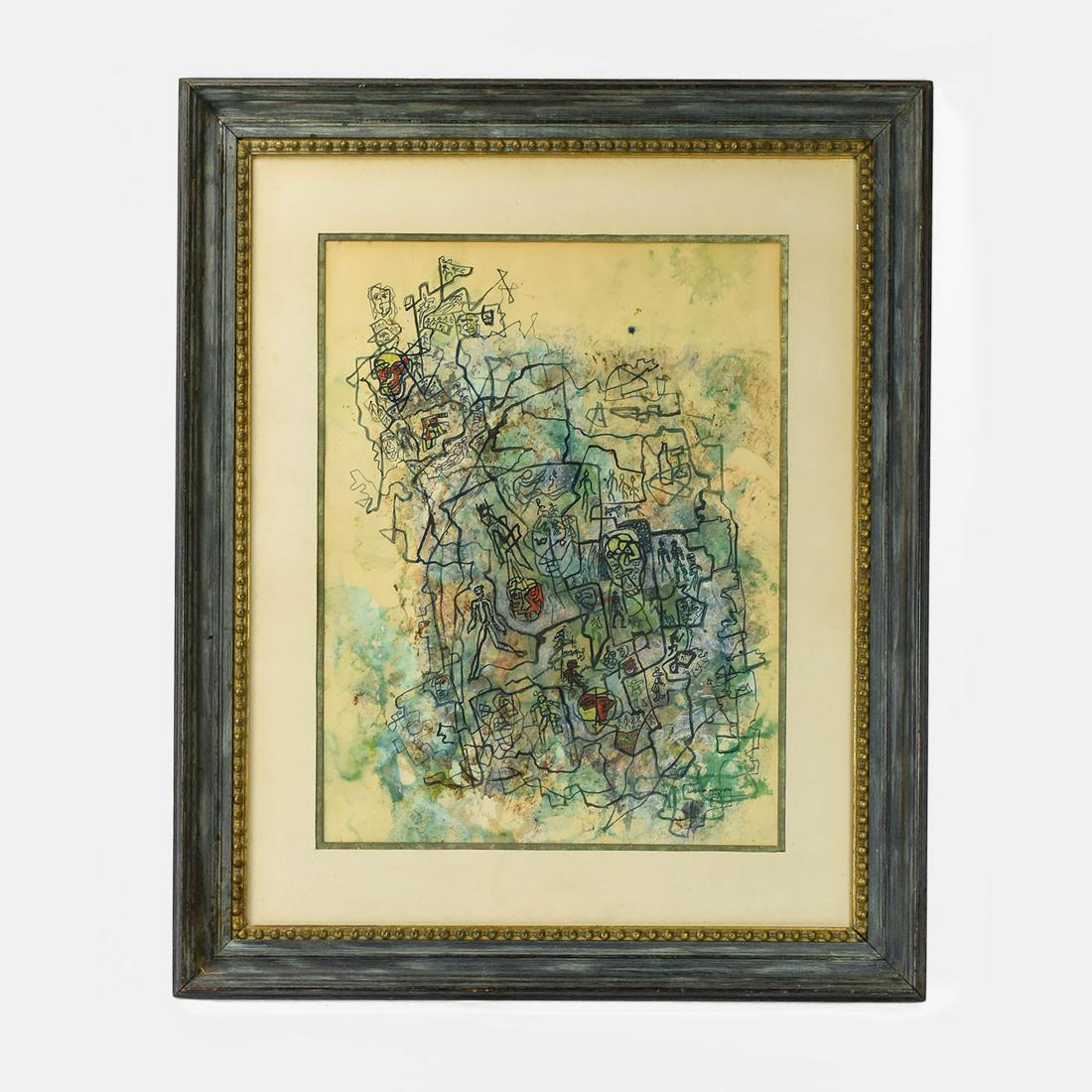 Hayden, Loring (1921 - 2006) "Pictographs" Abstract Watercolor Painting 1948: Loring Hayden (1921 - 2006). Excellent condition on paper. Framed and matted under glass. Highly unusual early abstract style for this Nantucket School landscape painter. Sight size- H: 19 3/4" W: 15"