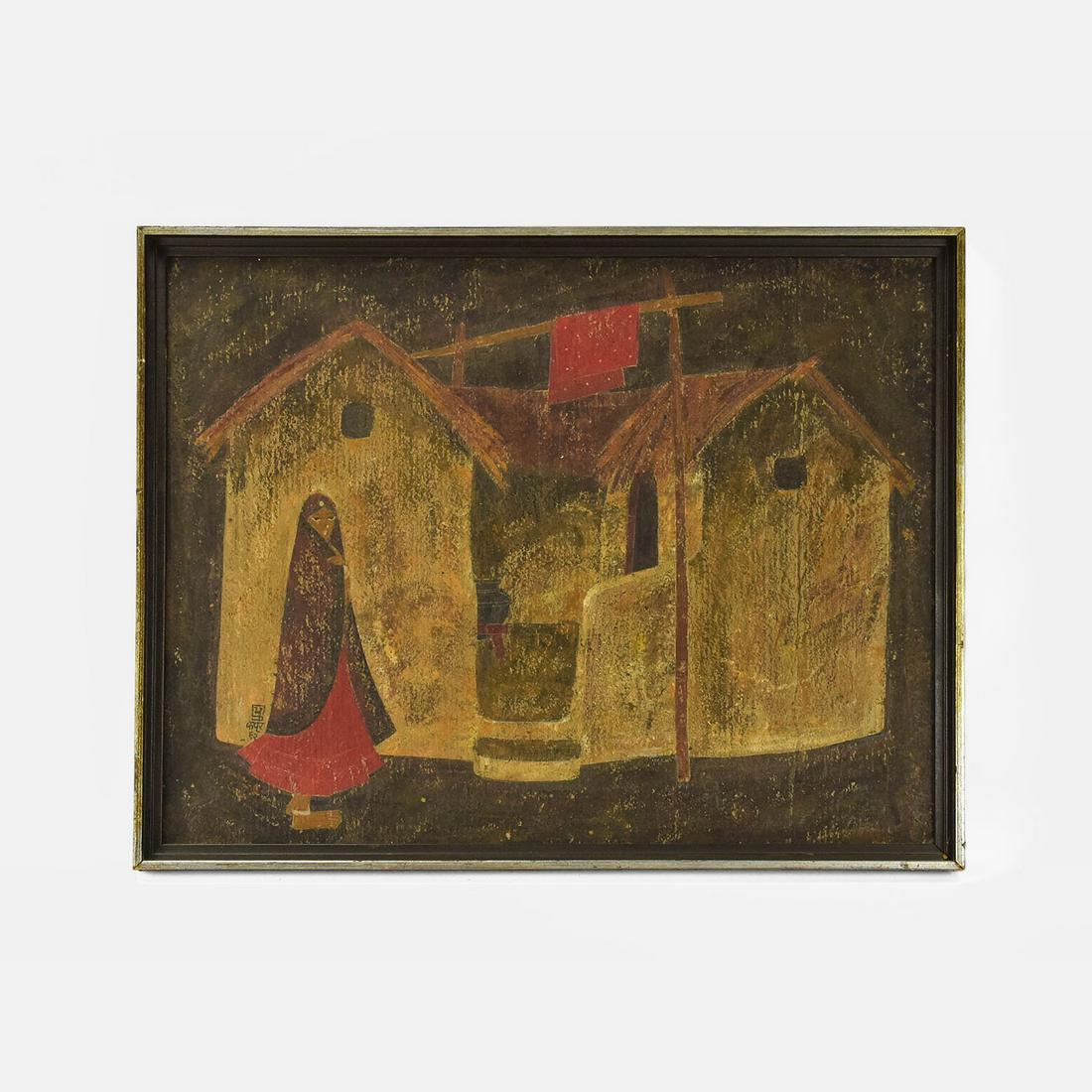 Mid 20thC Middle Eastern Dreamscape Oil Painting on Board: Indistinctly signed as shown. Overall good condition. Board size- H: 19 1/2" W: 25 1/2". This one is larger than it appears. Very painterly image. Please scroll through all pictures, the last pic show