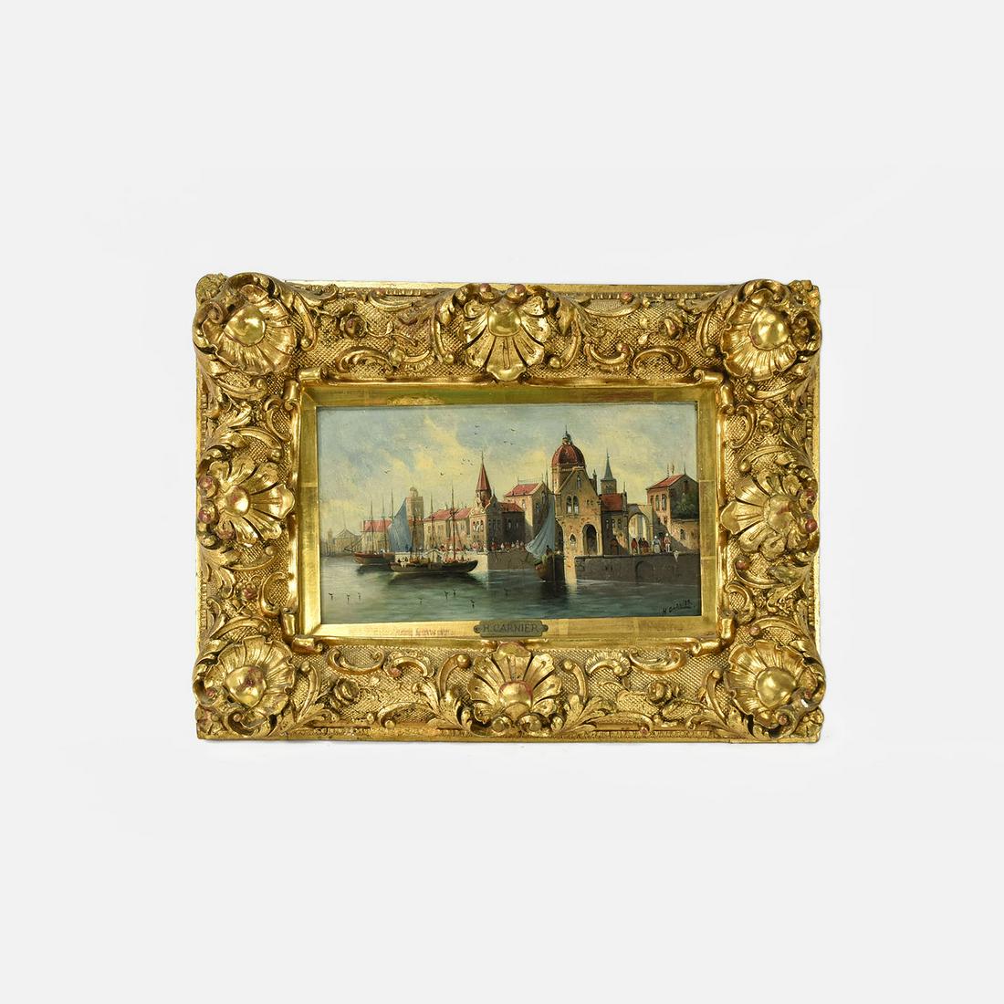Carnier, H. (1843-1905) Venice Seascape Painting on Board Gilt Frame: Fine original condition, with a very good resolved antique gilt gesso frame. Signed H. Carnier (French, 19th Century). Karl Kaufmann (1843-1905) was an Austrian landscape and architectural painter, wh