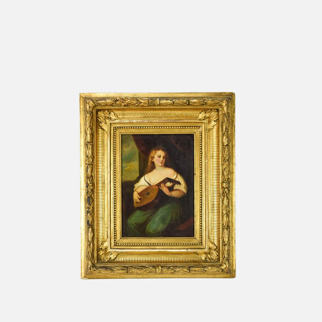 Antique 19thc Oil Painting on Board Renaissance Woman Playing Lute: Slightly dark-Needs cleaning, otherwise fine. Board size- H: 8 1/2" W: 6". Minor chips on frame. Please scroll through all pictures, the last pic shows the scale of this piece.