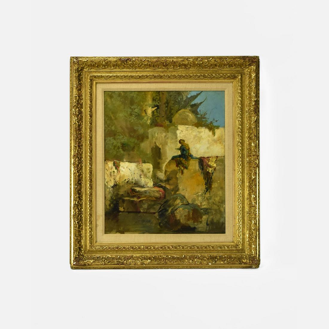 Impressionist Town Steps Landscape Oil Painting on Canvas: Good condition. Sight size- H: 17 1/4" W: 14 1/4" Minor Chipping on frame. Please scroll through all pictures, the last pic shows the scale of this piece.