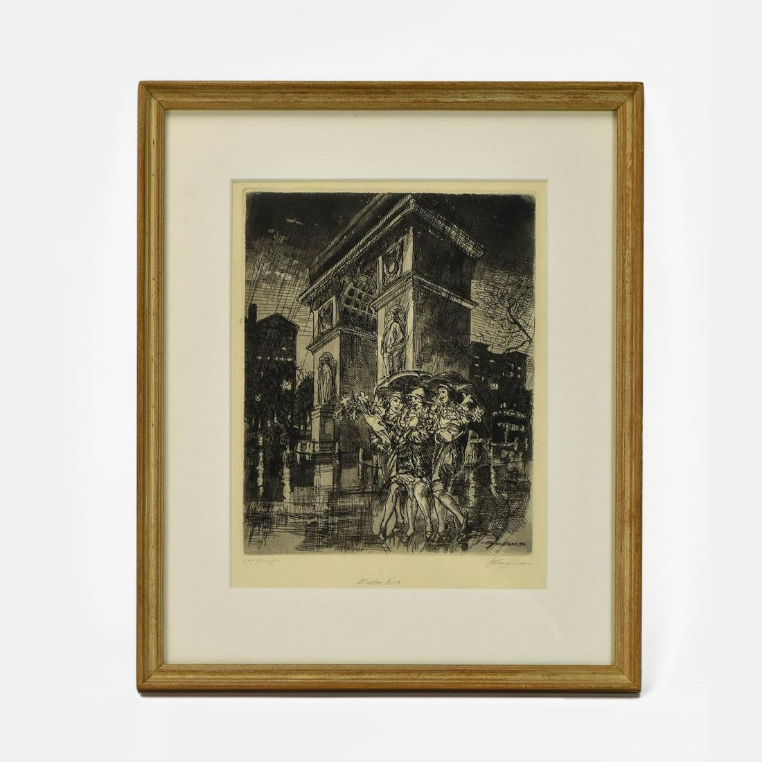 John Sloan 1926 Etching Easter Eve: Fine original condition, sheet attached at top corners to backing board. Trimmed, slightly less than full margins, examined out of frame. We will be adding pictures of the sheet. John Sloan, American,