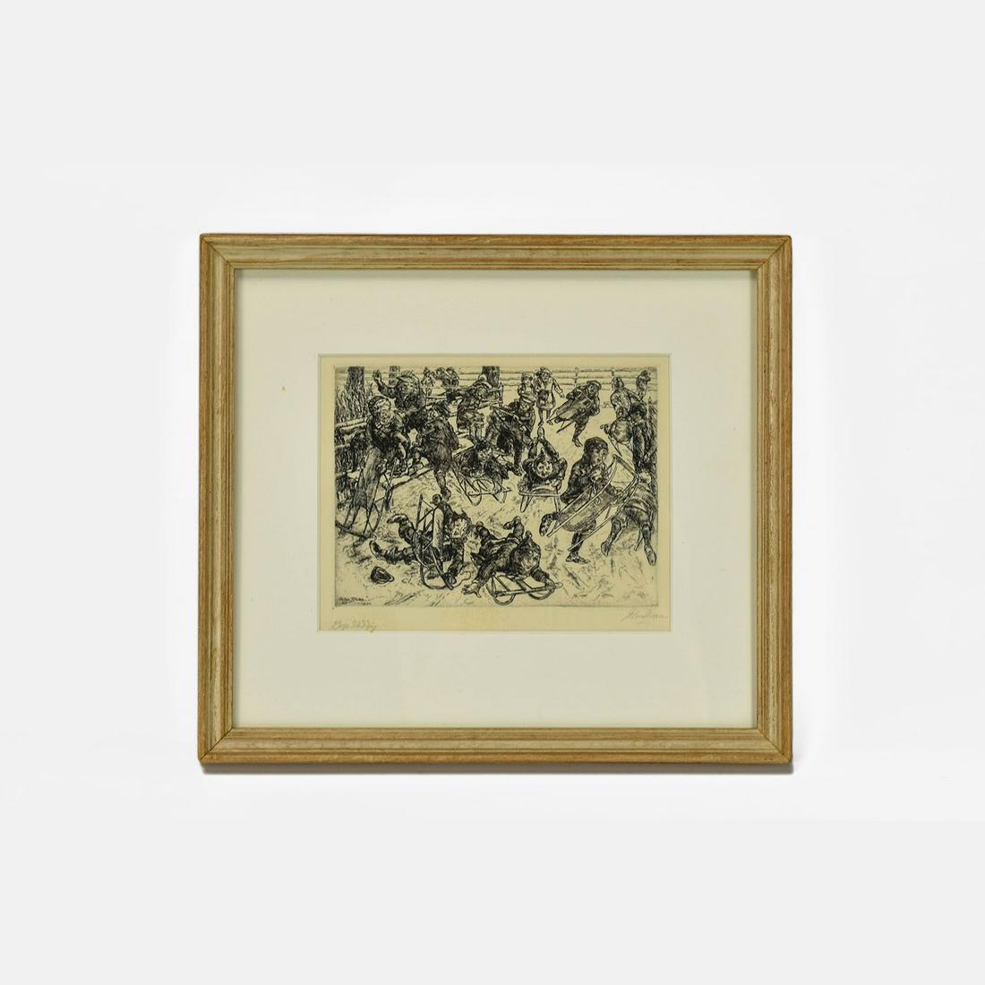 John Sloan 1920 Etching Boys Sledding: Fine condition, trimmed, slightly less than full margins, examined out of frame. We will be adding pictures of the sheet. John Sloan, American, 1871-1951. Boys Sledding. 1920. Etching printed in black