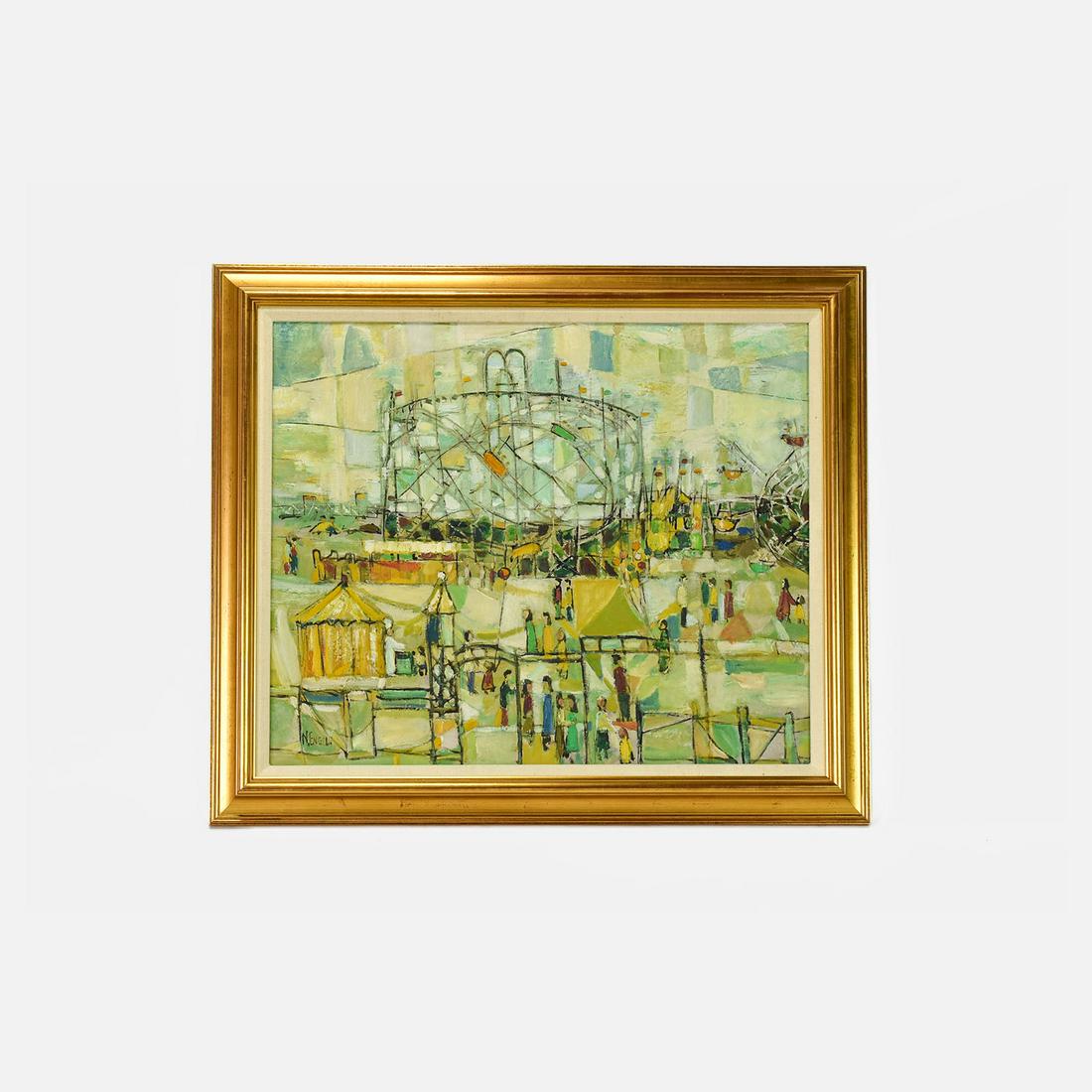Engel, Nissan Cubist Oil on Canvas Circus Amusement Park MCM: Excellent condition, the large Sight size is approx: H: 20 1/2" W: 25"Nissan Engel (1931-2016) was born in Haifa, Israel and has dedicated himself to painting since his youth. His formal training as a