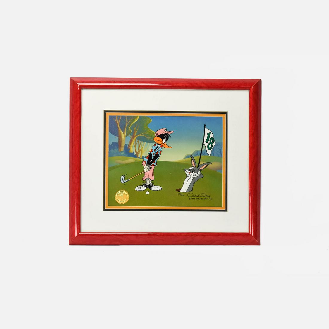 Chuck Jones 1993 Golf Animation Cel Daffy Duck and Bugs Bunny "18th Hare" #457/500: Excellent condition, this is a scarce Warner Brothers sold out edition. Sight size- H: 9 1/2 W: 12. 1995 Warner Bros Inc.